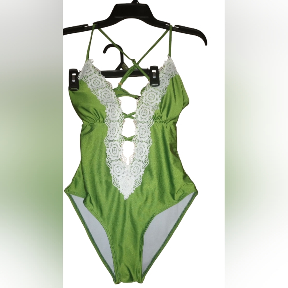 Green Lace-Trimmed One Piece Swimsuit